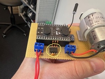 The TLC549 (front) next to the ESP8266 devboard, using GPIO 12, 13, and 14 for MISO, CLK, and CS respectively.